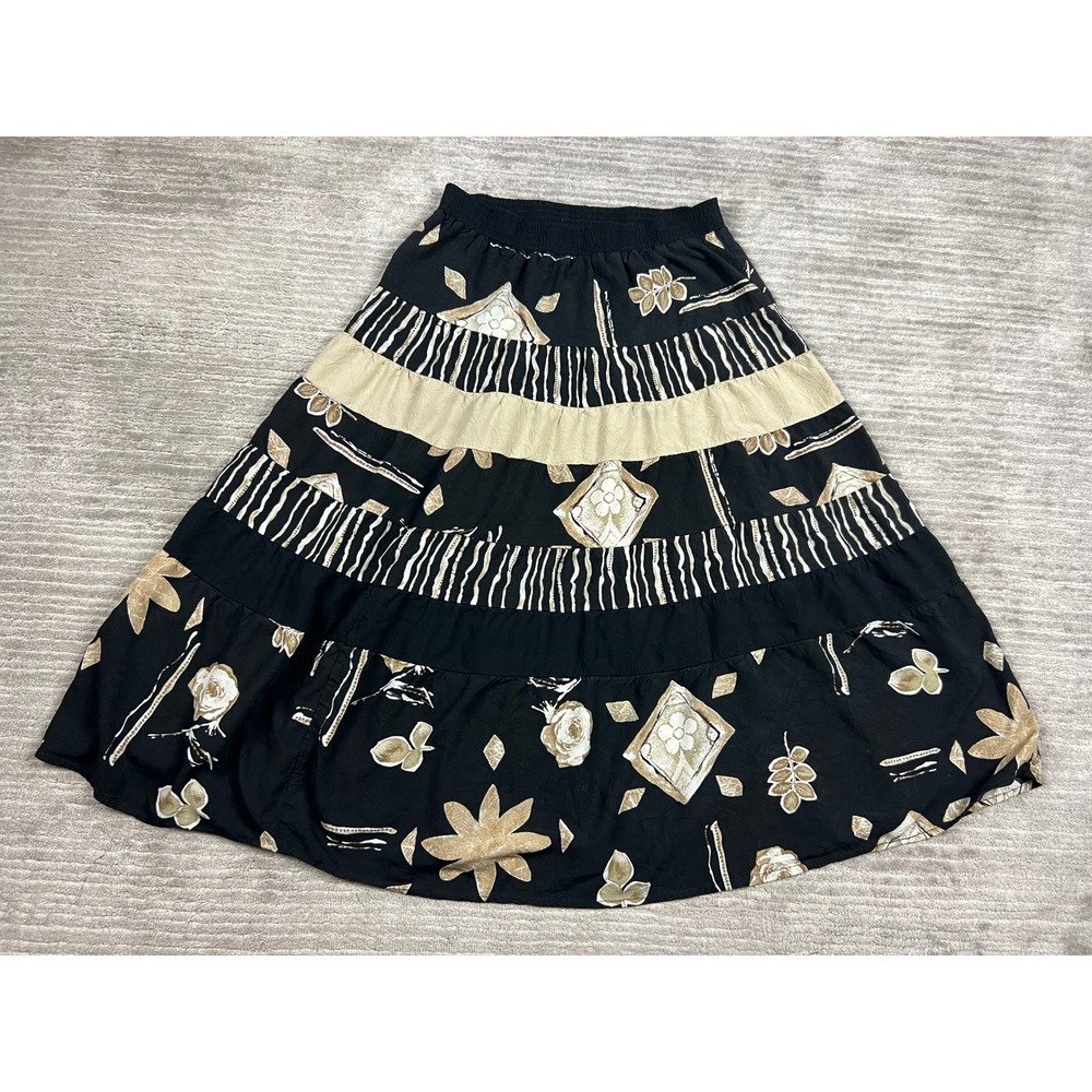 Chaus Petites Skirt Womens 10P Black Tan Floral Tiered‎ Boho Midi Rayon Vintage